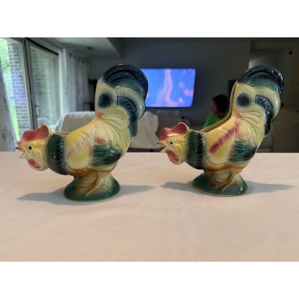 Set of 2 Vintage Royal Copley Ceramic Rooster Planters